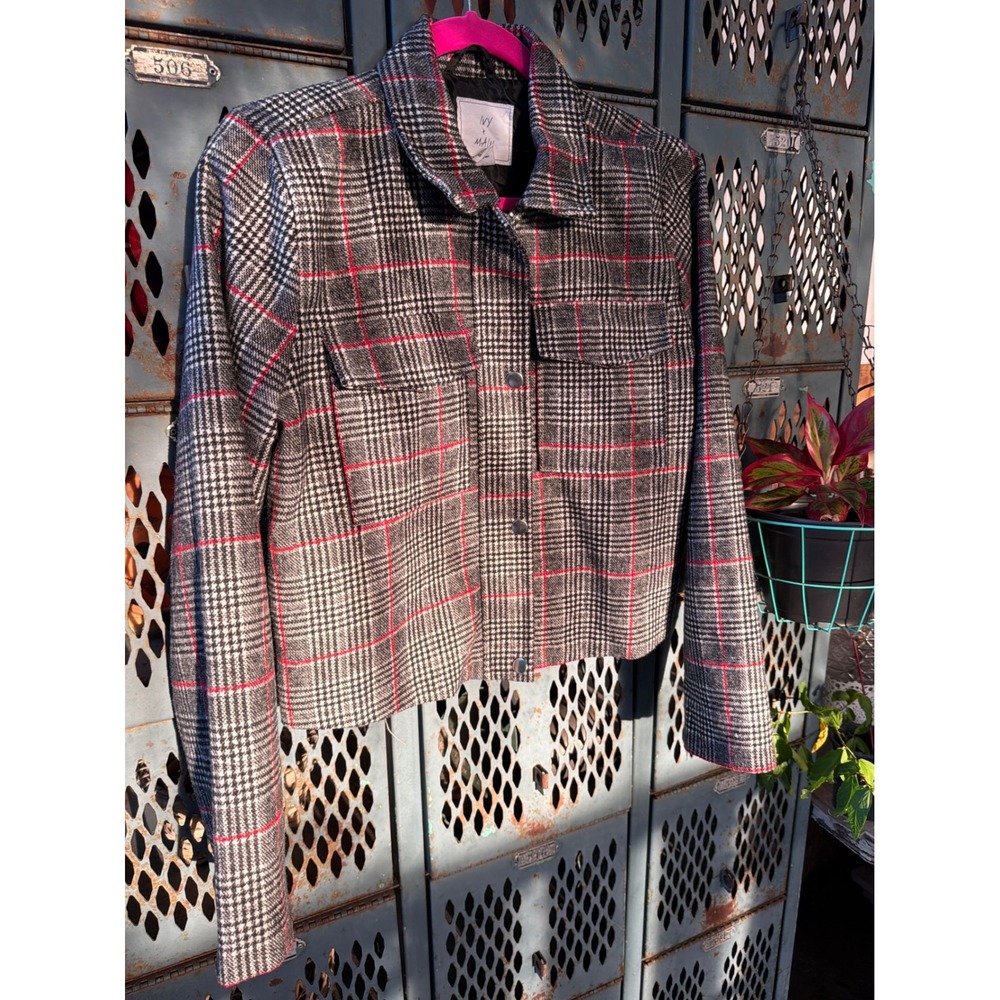 Ivy + Main Womens Plaid Cropped Trucker Jacket Black Red Glen Check Size L